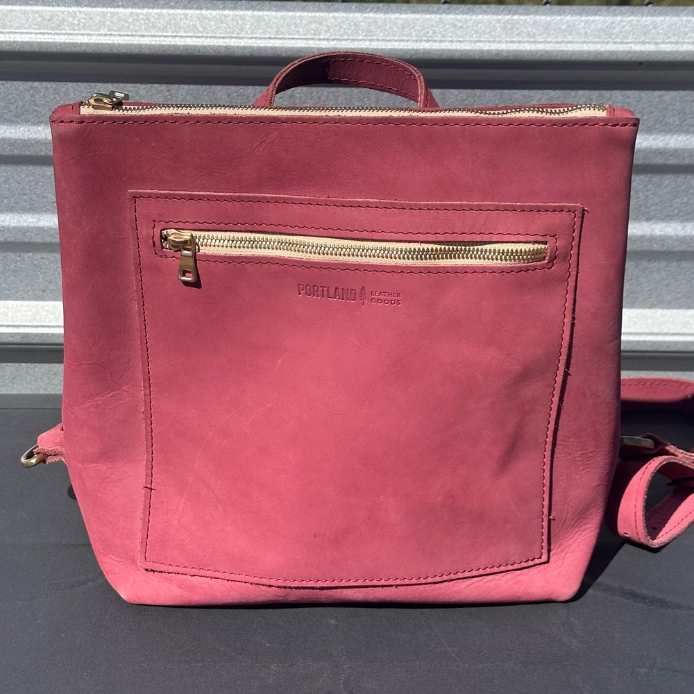 Portland Leather Goods Pink Leather Backpack Zip Top Medium Bag Brass Hardware